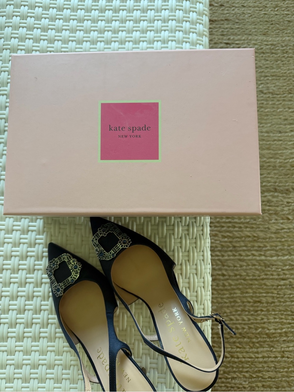 kate spade navy blue Pointed Slingback heels with Jeweled Buckle